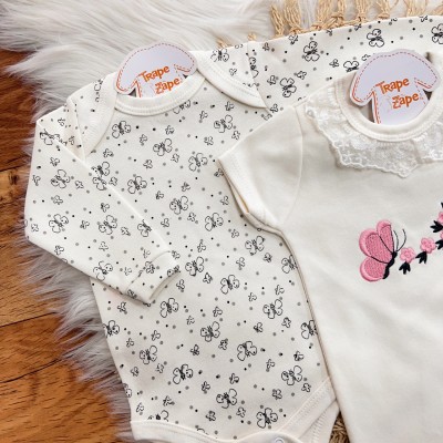 Conj. de Malha 3 peças - Borboletas com Ramo de Flores - Off White e Preto